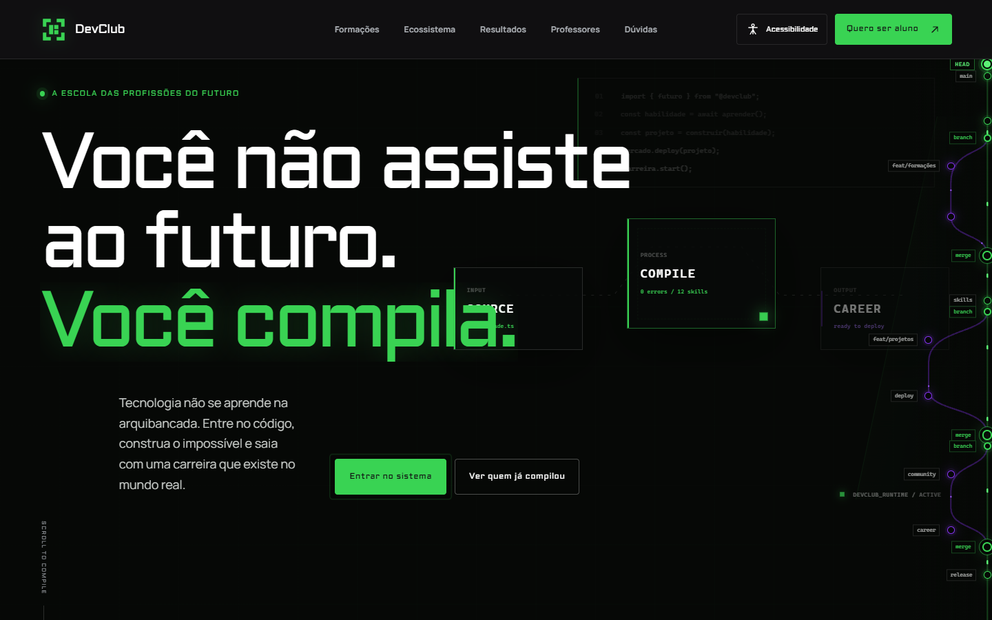 Site institucional do DevClub, com estética de terminal e a chamada 'Você não assiste ao futuro. Você compila.'